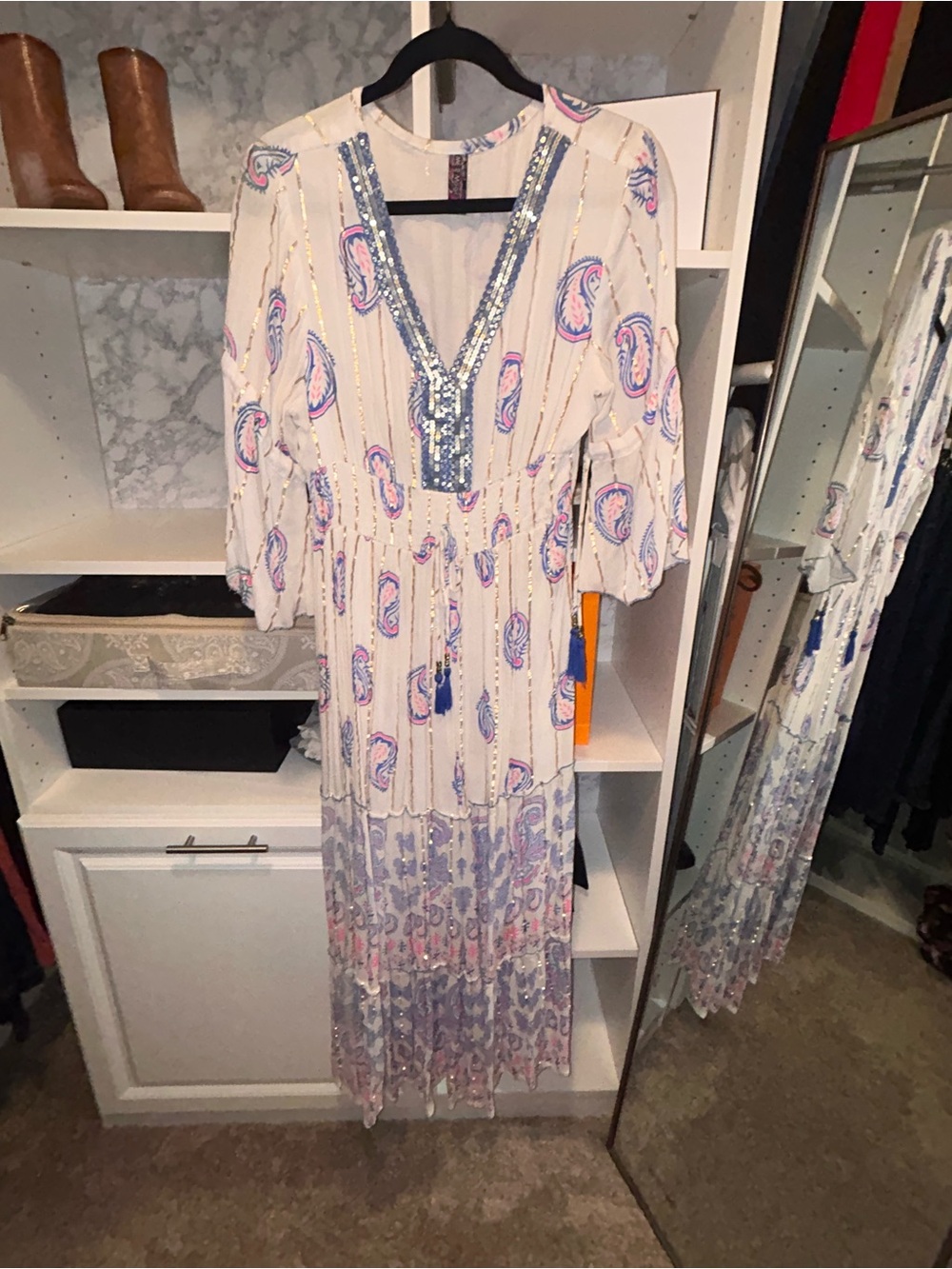 Boho Tie-Front Maxi Dress in Cream with Pink & Blue Print